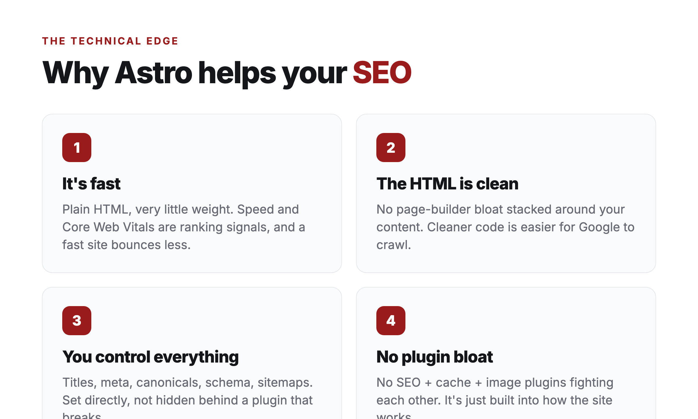 Why Astro helps your SEO: it's fast, the HTML is clean, you control everything, and there's no plugin bloat