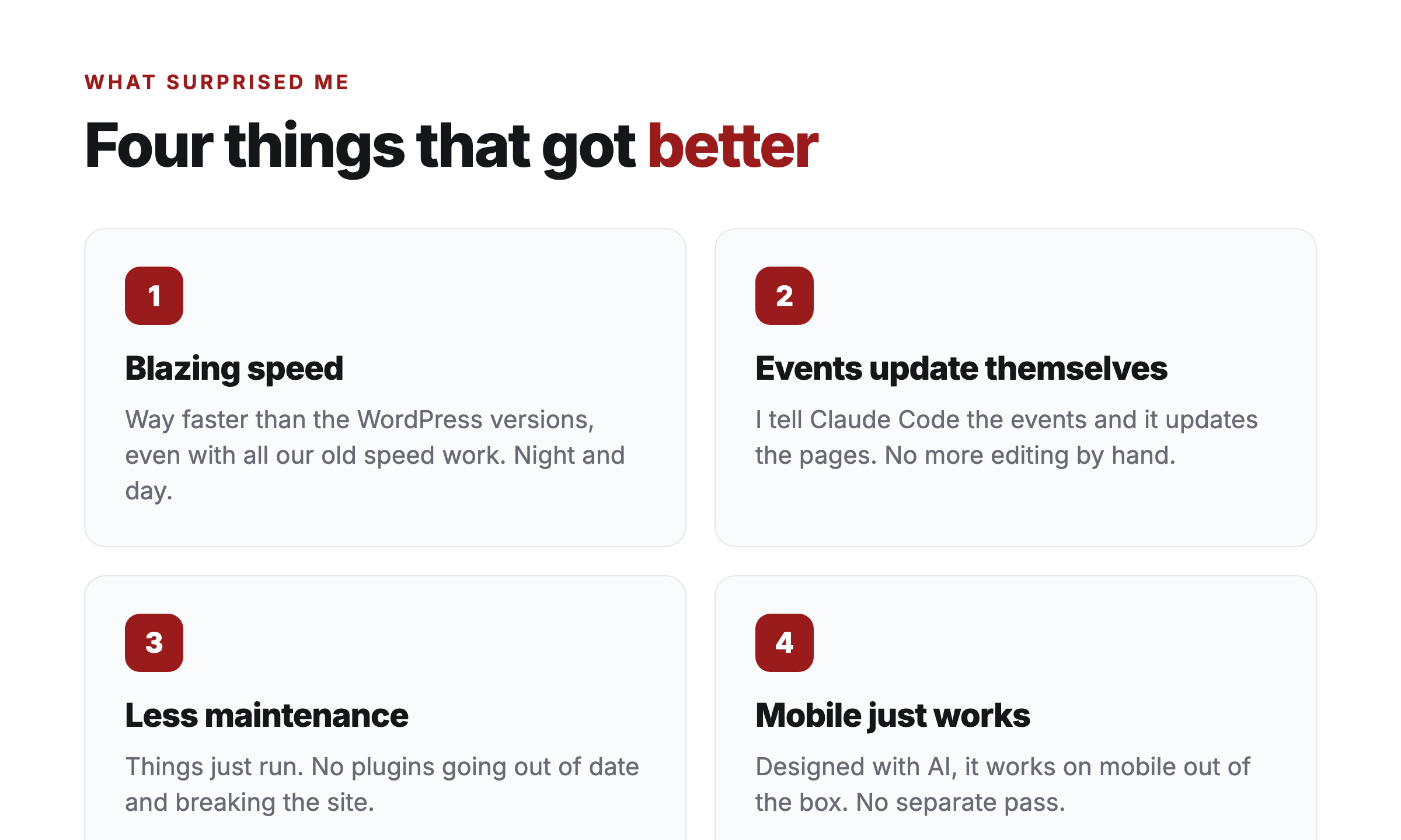 Four things that got better after moving to Astro: blazing speed, events that update themselves, less maintenance, and mobile that just works